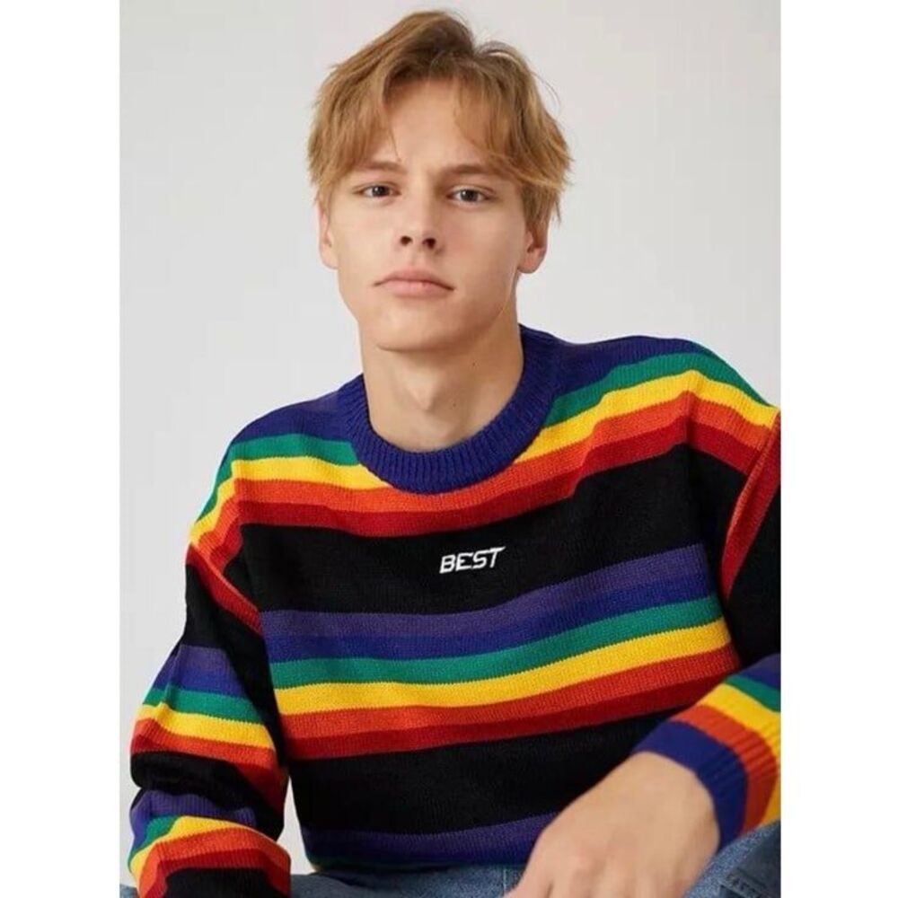 Heyhenry “Best” Rainbow Striped Sweater Size Medium